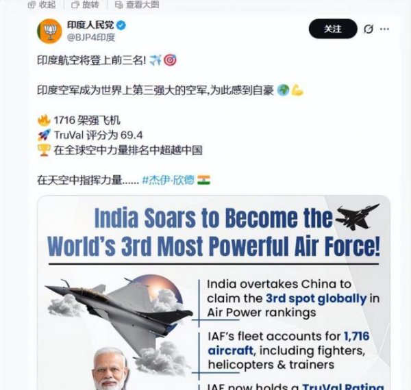 驰牛配资 印度人民党居然当真了，高调庆祝空军排名超越中国，实在太抽象